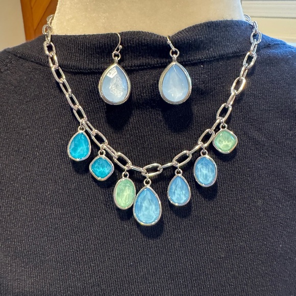Jewelry - Silver Tone Blue and Green Teardrop Necklace and Earring Set